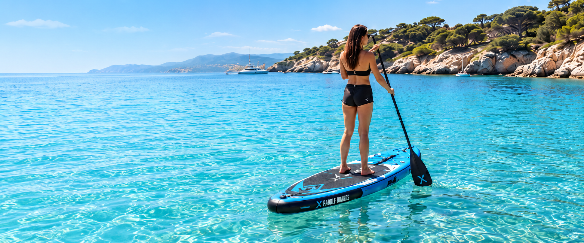 Paddle bleu sur une eau turquoise, dans une crique méditerranéenne — visuel d’ambiance
